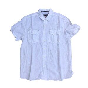 CEDAR WOOD STATE Linen Blend Button Down Shirt Mens LARGE White Military Pocket 